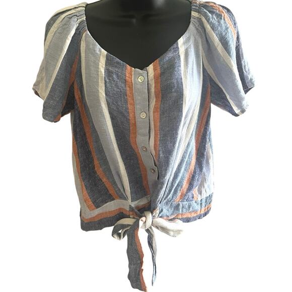 Striped Linen Blend Button Tie Front Top M Puff Sleeve Boho Summer Concert - Picture 1 of 6